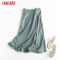 Tangada damska solidna satynowa spódnica trzy czwarte vintage boczny zamek błyskawiczny biurowa, damska elegancka elegancka spódnice trapezowe 6D18 1